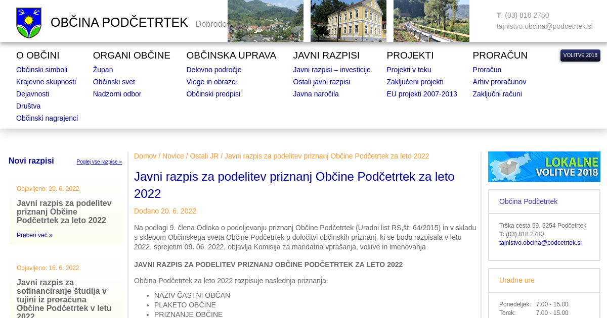 Javni Razpis Za Podelitev Priznanj Občine Podčetrtek Za.. - Podčetrtek